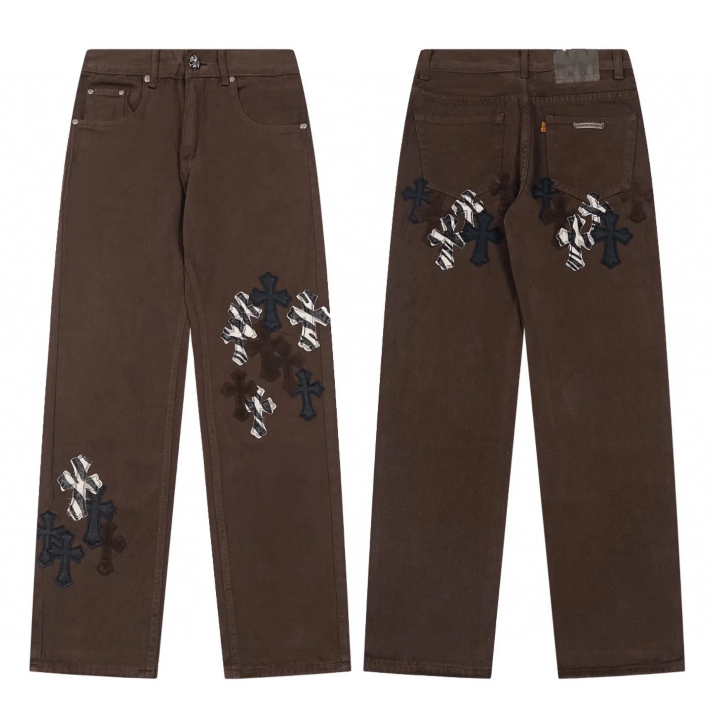 P270 💰 (Top version) Chrome hearts CH brown zebra pattern cross-patterned leather jeans, truly restoring the ultimate texture of Vintage, special Italian cowhide printing and cutting, custom-made sheepskin three-layer thick line leather, whole splicing in heavy water washing process, craftsmen hand-splashed ink, you can see the details, three-dimensional cutting version, loose and comfortable, not flattering on the figure, tall and slim, factory Seiko, original quality control, same style for men and women, can be matched with couples, versatile recommendation Essential jeans for all seasons Color: Brown Size: 28-30-32-34 (corresponds to S-M-L-XL)